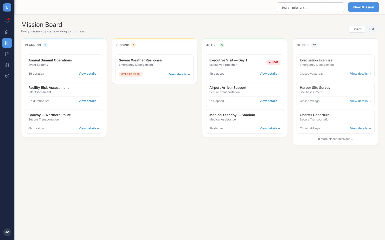 LiveSOP Mission Board with missions grouped by stage: planning, pending, active and closed